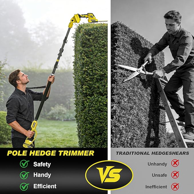 4-in-1 Pole Hedge Trimmer Cordless - Electric Hedge Trimmer & Grass Shear with Extension Pole, 2*4.0Ah Battery,180° Adjustable Angle,16Ft Reach,Hedge Trimmers Cordless with Battery for Shrubs Pruning