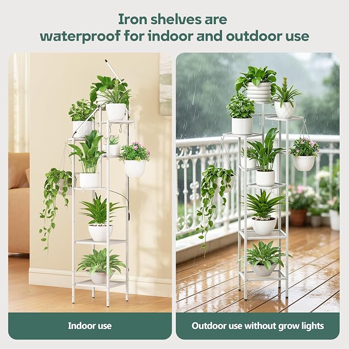 Quikraen 8 tiers Metal Plant Stand with Grow Lights, Tall Lighted Corner Plant Shelf for Indoor Plant Growing,Flower Pot Holder, Plant Rack for Home Decor, Patio (White)