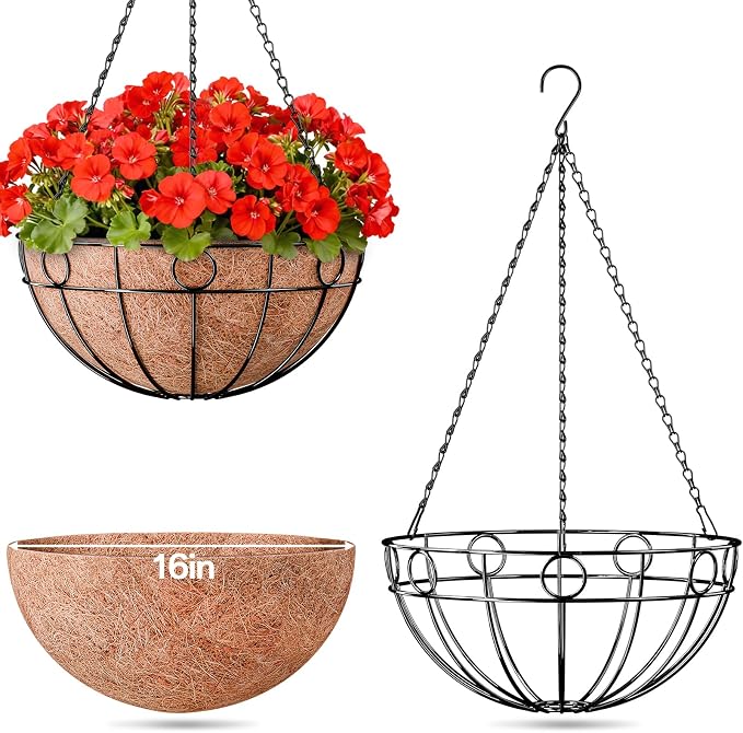 ZeeDix 16 Inch Large Hanging Baskets for Plants Outdoor, 2 Pack Round Metal Wire Planter Basket with Coco Coir Liner, Hanging Flower Pots for Garden Yard Patio Porch Balcony Decor