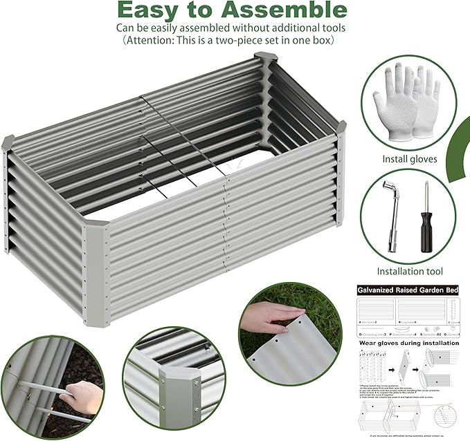 4x2x2ft(2 Pack) Raised Garden Bed Kit,Galvanized Steel Raised Garden beds for Outdoor, Metal Planter Raised Beds for Vegetables,Fruits, Flower,Silver