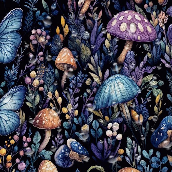 Boho Dark Mushroom Shower Curtain, Vintage Rustic Floral Butterfly Botanical Shower Curtain Purple Blue Black Farmhouse Bathroom Decor with Hook, Fairy Witchy Woodland Flowers Shower Curtain 72X72