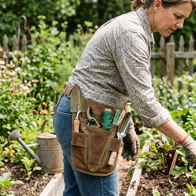 Gardening Tool Pouch for Waist, Hands-Free Canvas Tool Belt with 6 Pockets โ Adjustable Waist Apron for Trowel, Pruner & Weeder (Gardening Tools NOT Included)-(Brown)