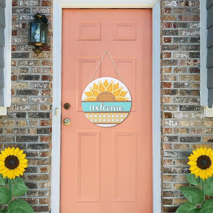 HOURIA 3D Summer Sunflower Welcome Door Sign,11.4 Inches Yellow Flower Summer Wood Wall Decor,Farmhouse Sunflower Decorations for Home,Office,Wreath,Indoor,Outdoor