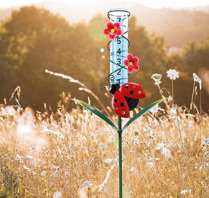 MUMTOP Rain Gauge Outdoor, 35 Inch Large Number Easy Read Water Measure Gauge for Lawn, Yard and Garden(Ladybug)