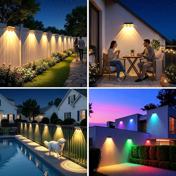 Solar Fence Lights Outdoor 10 Pack, Upgraded Brightness 3X LED Lens Fence Lights Solar Powered, 9 Fixed Colors & RGB Lights,IP65 Waterproof Solar Lights for Outside Backyard/Railing/Step/Patio