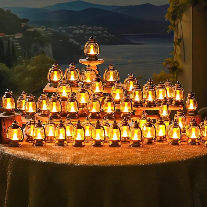 Ferraycle 48 Pcs Mini Lantern Decor 4 Inch Western Lantern Table Centerpiece Small Vintage Camping Hanging Lamp Ornaments Bulk for Cowboy Cowgirl Wedding Halloween Christmas (4 Inch,Retro Gold)