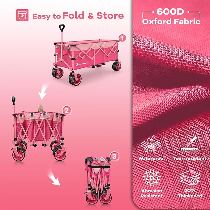 Originsure 48" L Collapsible Wagon Cart Foldable, 560lbs Weight Capacity 300L Heavy Duty Folding Beach Wagons with Big All-Terrain Wheels, Utility Carts for Groceries, Camping, Sports - Pink