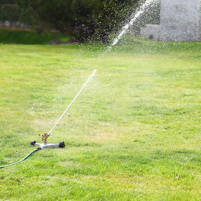RESTMO 2 Pack Heavy Duty Full Metal Pulsating Sprinkler with Wheeled Base, 360° Rotating Impact Sprinkler for Large Area Lawn & Yard Irrigation, Adjustable Zinc Alloy Head for Flexible Coverage