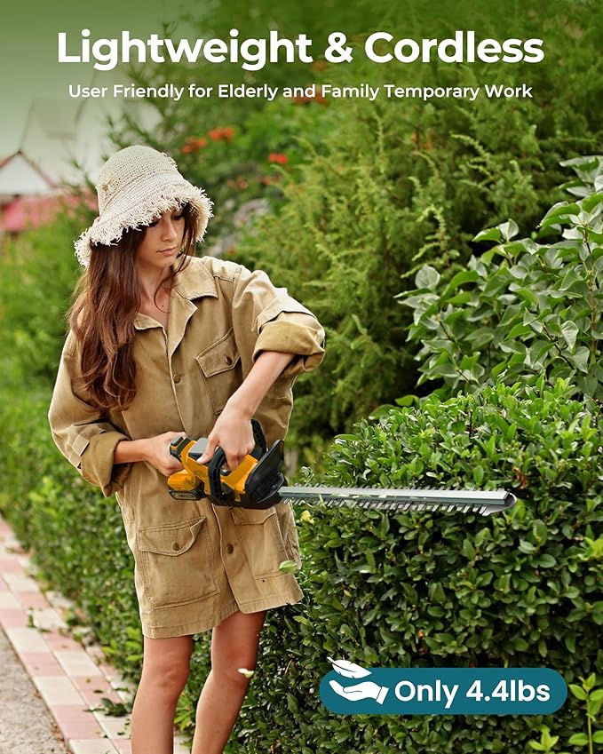 20'' Hedge Trimmers Cordless with Battery, 3000RPM Brushless Electric Bush Clipper with 2pcs 2000mAh Rechargeable Batteries, 180° Rotatable Head, 2/3'' Blade Gap Yellow,Gifts for Father’s Day
