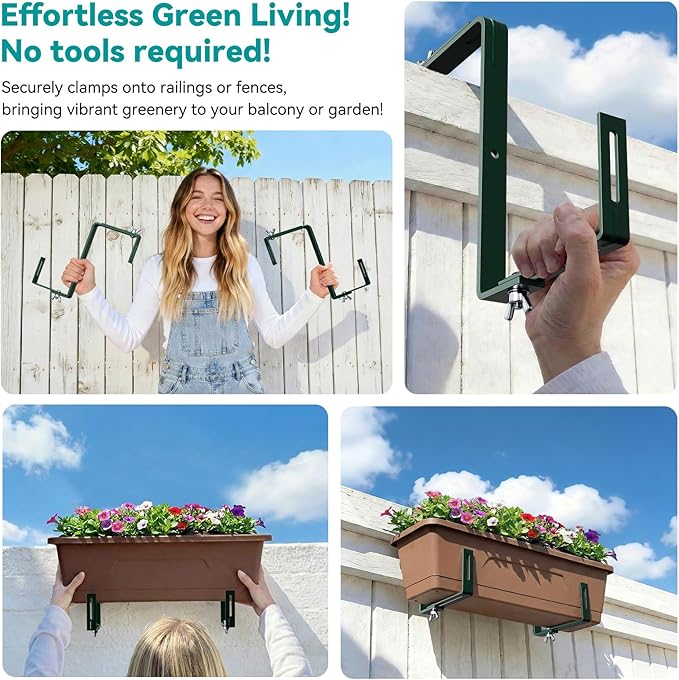 Adjustable Planter Box Brackets,Enhanced Bottom Support,Universal Outdoor Hanging Brackets,Flower Box Brackets for Fence Railings, Windowsill, Patio, Garden,Balcony. (Green)