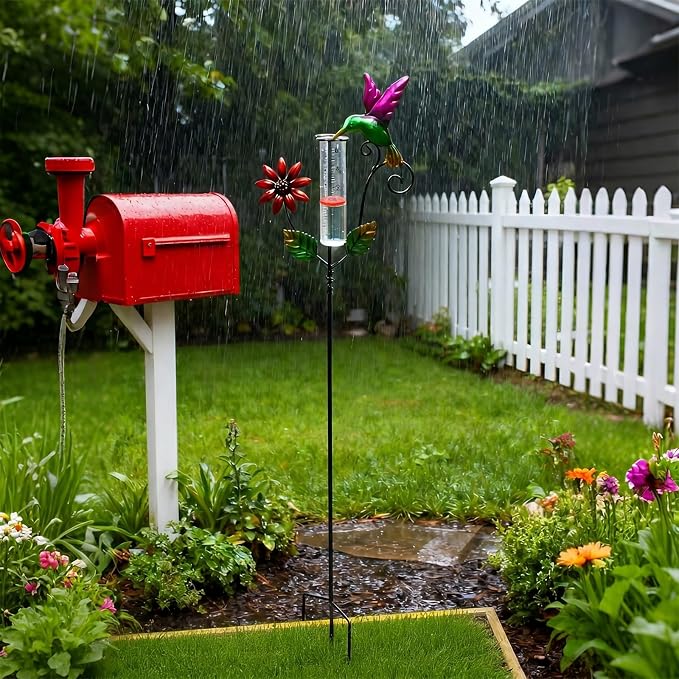 Hummingbird Rain Gauge Outdoor, Glass Rain Gauge with Floating Discs for Easy Reading, Freeze-Proof Adjustable Height Decorative Rain Gauges for Yard Garden Decor, Unique Gardening Gifts for Women