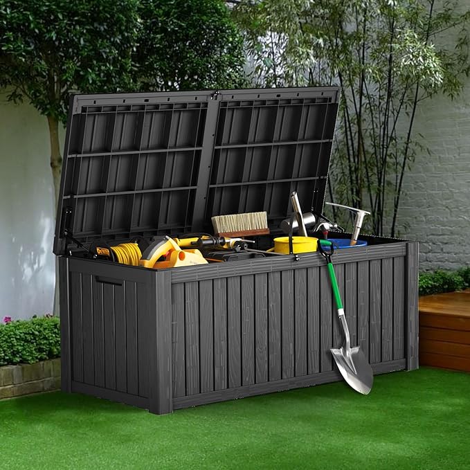 TARKARI 150 Gallon Resin Deck Box, Waterproof Outdoor Storage Box, Lockable for Patio Furniture, Garden Tools, Pool Accessories, UV-Resistant for All Weather Use, Black