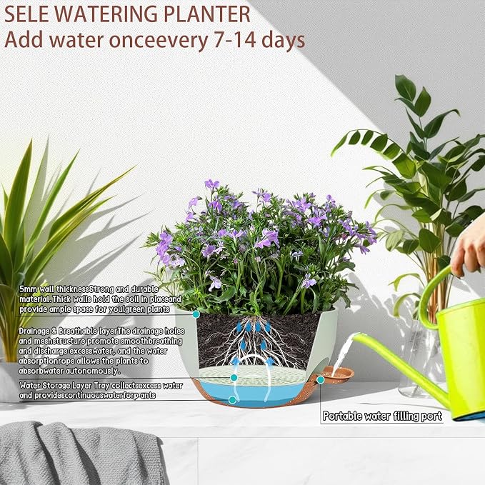 2 Pack 12" Self Watering Hanging Planters, Green Brown with Chains | Plastic hanging baskets with 43 Oz removable reservoir, for indoor outdoor plants, patio porch garden balcony decor