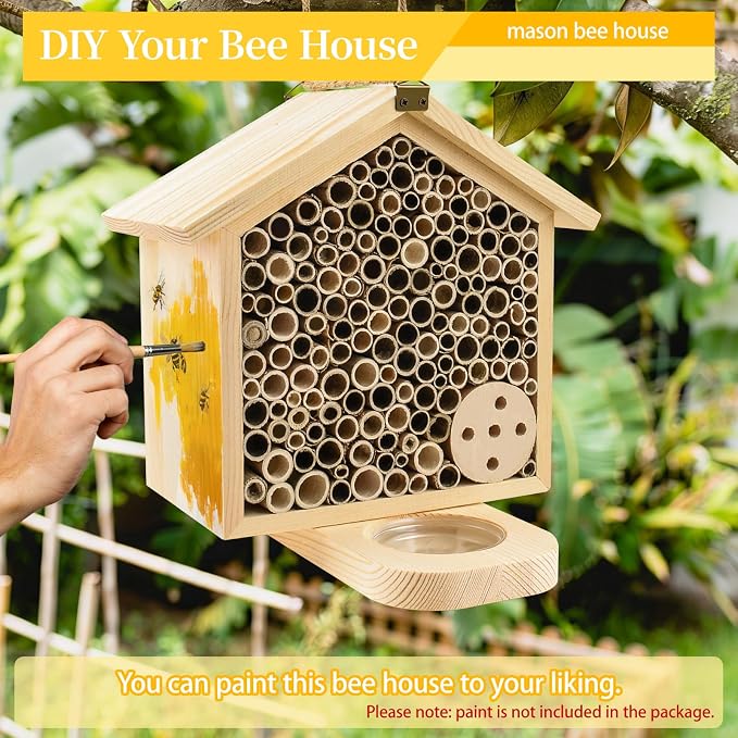 Mason Bee House with Feeding Trays - Natural Pine Wood Hanging Bee Hive,Insect Hotel for Garden Backyard, Outdoor Garden Decoration Attracts Bees, Butterflies, Ladybugs Pollinators
