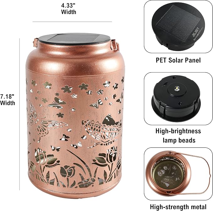 JEJOT Butterfly Solar Lanterns Outdoor Waterproof, Mothers Day Gifts, Birthday Gifts for Women Mom Grandma,Metal Hanging Solar Lantern for Yard,Garden,Porch Landscape Deconrations-1 Pack