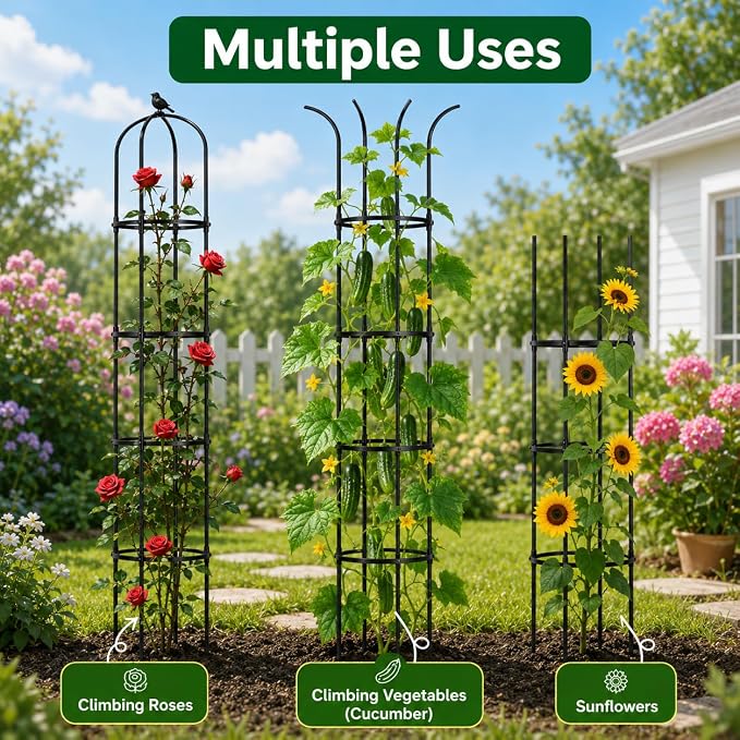 OTOSUNNY Garden Obelisk Trellis for Climbing Plants Outdoor, 6.3 ft Tall Trellis for Roses Clematis Jasmine Ivy Flower Light Climbing Vines Potted Plant Support, Patio, Yard, Black, 1PCS
