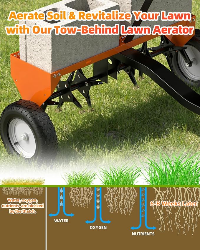40" Tow Behind Aerator, Pull Behind Lawn Aerator Tool with Universal Hich, 24 Rust-Proof Knives & Heavy-Duty Tires, Plug Aerator for Yard & Garden Compacted Soil, Fits Lawn Tractors, ATV, UTV, Orange