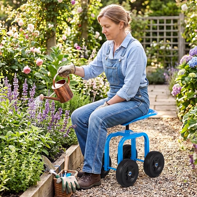 Giantex Garden Cart, Rolling Workseat with 4 Wheels, Garden Stool 360° Swivel Work Seat & Adjustable Height, Heavy Duty Wagon Scooter for Gardening for Patio Garden, Lawn, Yard (Blue)