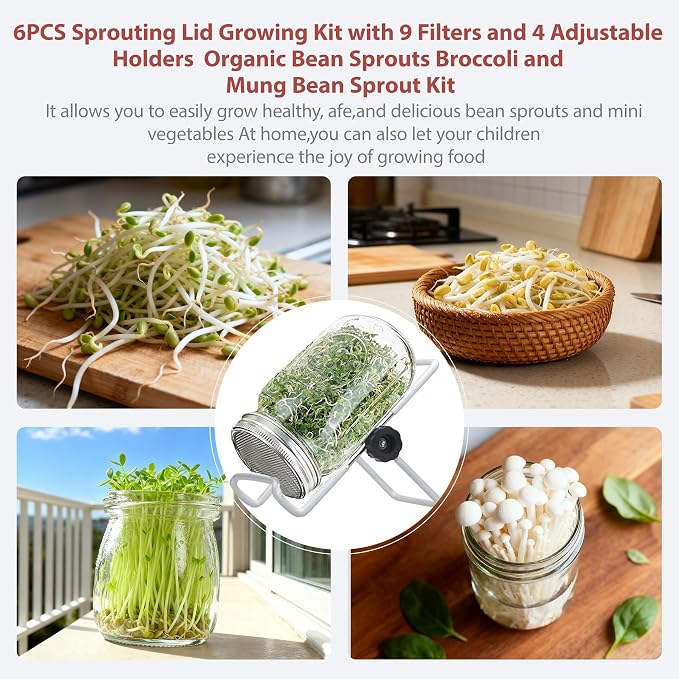 Seed Sprouting Jar Lid Kit with 9 Pack Stainless steel filter sheet and 4 Pack Stainless Steel Sprouting Stands for 86mm Wide Mouth Mason Jars for Growing Organic Sprouts 316 Stainless Steel(6 Pack)