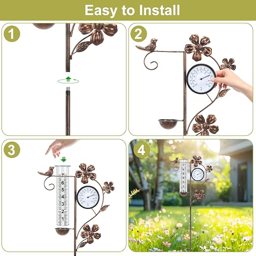 Rain Gauge Outdoor with Thermometer Garden Decor, Bird Decorative Outdoor Rain Gauges for Yard Patio Lawn Garden