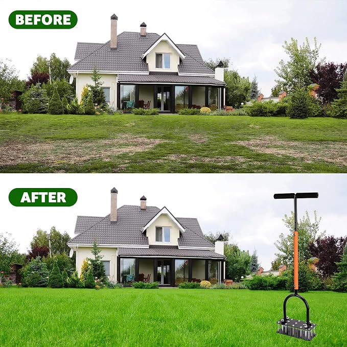 Lawn Aerator, Automatic Dirt and Leaf Clean Design, Heavy Duty Manual Lawn Aerator Tool with 15 Iron Spikes, Height Adjustable, Yard Grass Aerator for Lawn(Black with Orange)