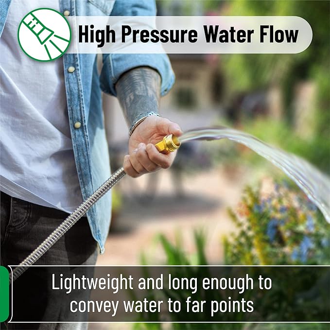 UNCO- Stainless Steel Metal Hose with 4 Function Brass Nozzle, 75 ft, No Kink, Metal Garden Hose