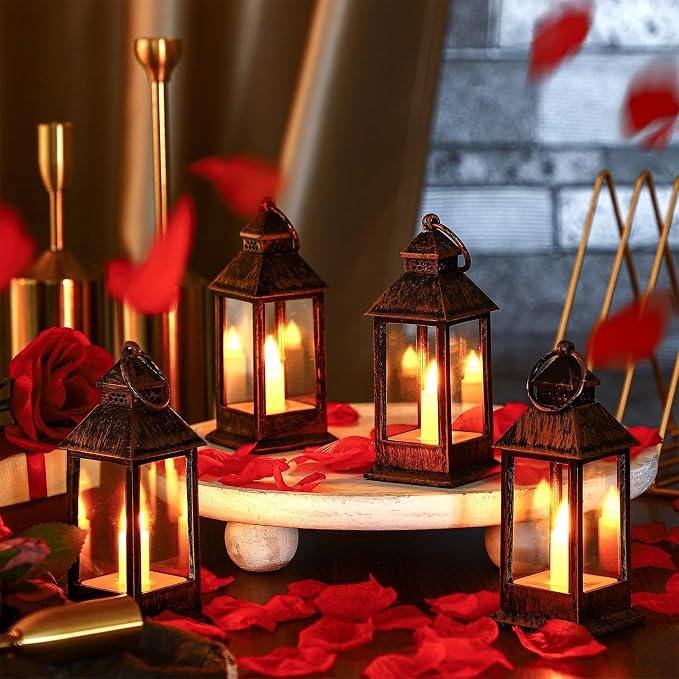 Hoolerry 24 Set 5.5'' Mini Lanterns with LED Candle for Wedding Centerpiece Vintage Decorative Hanging Small Lantern Battery Powered for Halloween Wedding Table Centerpiece(Rustic)
