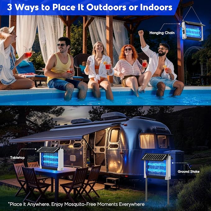 Solar Bug Zapper Outdoor, 4500V Electric Mosquito Zapper with Dual Solar Panels & USB Charging, Auto On/Off Mosquito Killer, IPX5 Waterproof Fly Trap for Backyard Patio Garden Camping, 1 Acre