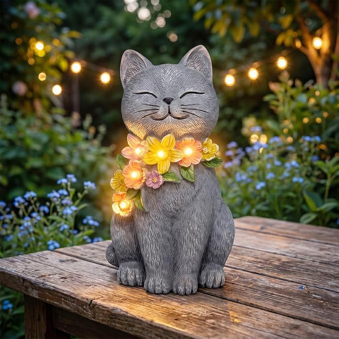 Solar Cat Garden Statue for Outdoor Decor, Cat Solar Light with Flowers, Resin Cats Figurine for Garden, Yard, Lawn Decor, Cats Lover Gifts for Women