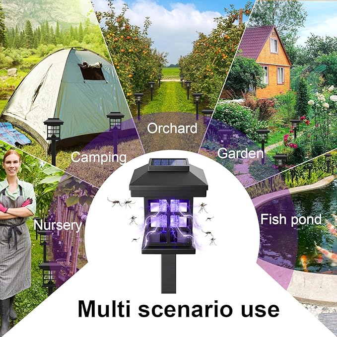 4 Pcs Solar Bug Zapper Outdoor Waterproof 2 in 1 Mosquito Zapper Solar Powered Mosquito Fly Trap Repellent Lamp Kills Bugs LED Lamp with Flame Purple Light for Garden Patio Yard Lawn (Black)