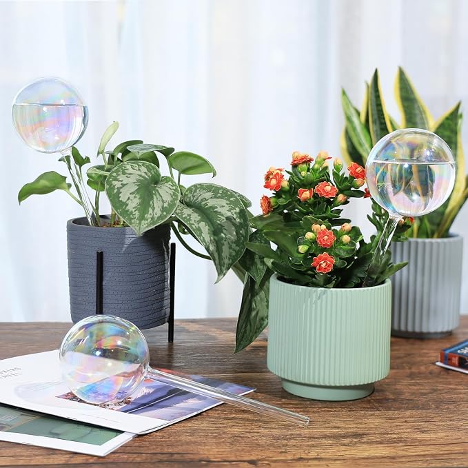 Soilagua 6.4 oz Medium Plant Self Watering Globes, Light Iridescent Glass Water Bulbs for Indoor Plants, Vacation Watering System, Plant Watering Spikes Stakes, Automatic Plant Waterer, 4 Pack