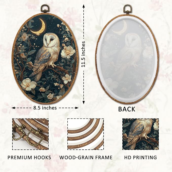 DOFQZ Vintage Moody Owl Oval Wall Art Decor, Dark Academia Cottagecore Floral Owl Framed Wall Art, Whimsical Gothic Owls Walls Hanging Decor for Home Bedroom Living Room, 8.5x11.5 Inch