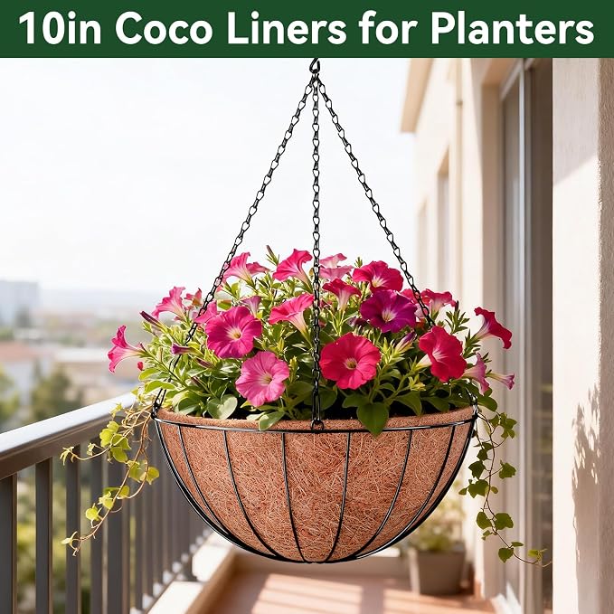ZeeDix 4 Pack 10 Inch Coconut Liners for Planters, Round Hanging Basket Liners Natural Coco Coir Replacement Liner for Flowers Vegetables Patio Porch Garden Decor