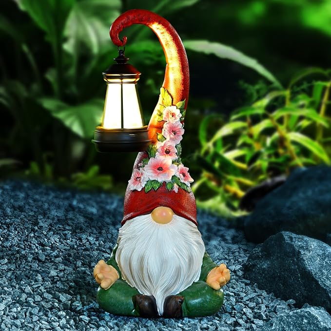 Garden Gnomes Statues Solar Lights Figurine Outdoor Lantern Lawn Porch Patio Yard Decor Balcony Home Zen Birthday Gifts for Grandma, Mom, Women, Sisters