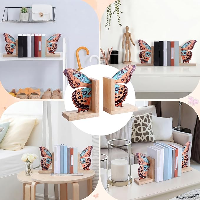 Decorative Butterfly Bookends Wooden Acrylic Butterflys Bookend Modern Bookshelf Decor Accent Book Stopper Decor for Home Farmhouse Shelves Office Lover Gift(Junonia Almana Butterfly)