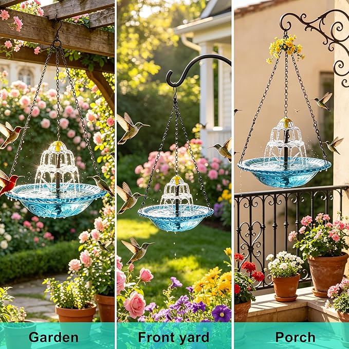 Solar Powered Water Fountain Hanging Bird Bath with Solar Fountain Solar Powered Cascading Water Fountain,3 Tier Solar Pump for Bird Bath Small Water Garden Fountain Water Feature