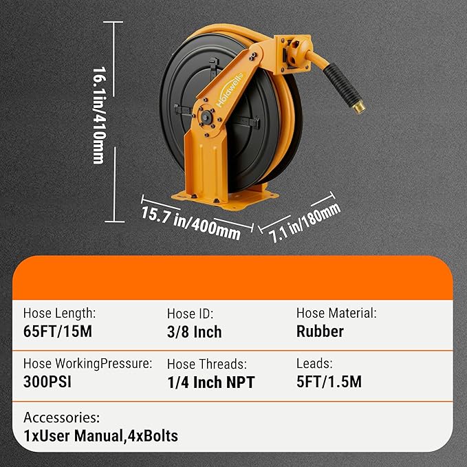 Retractable Air Hose Reel, 3/8" x 65FT Hybrid Air Hose, 300PSI Max, Auto-Rewind & Length-Lock, 1/4" NPT Fitting, Ceiling/Wall Mount Heavy Duty Dual Arm Steel Reel for Workshop/Garage