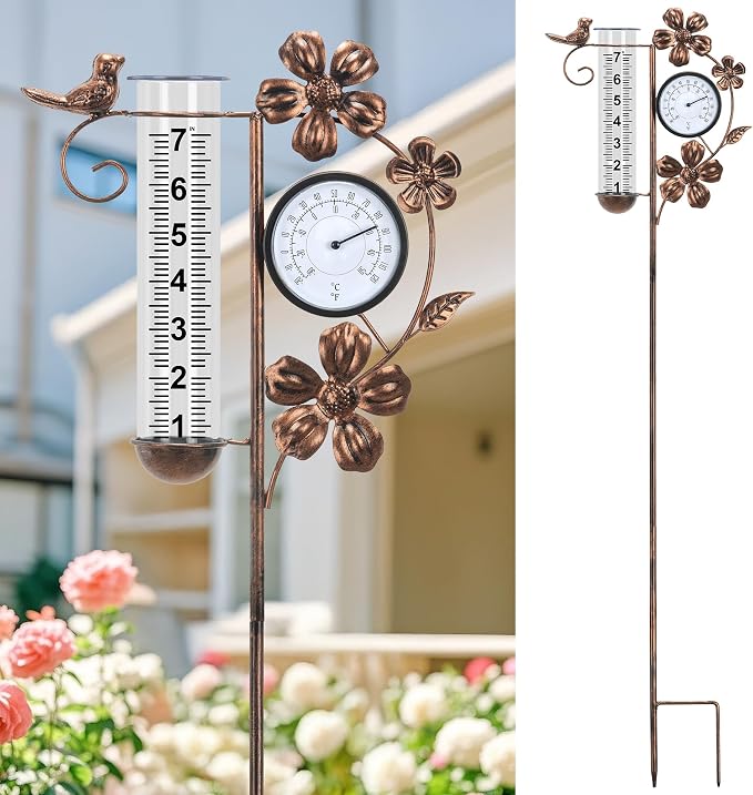shumi Rain Gauge Outdoor with Thermometer Garden Decor, Bird and Flower Decorative Outdoor Rain Gauges for Yard Patio Lawn, Gardening Gifts for Women