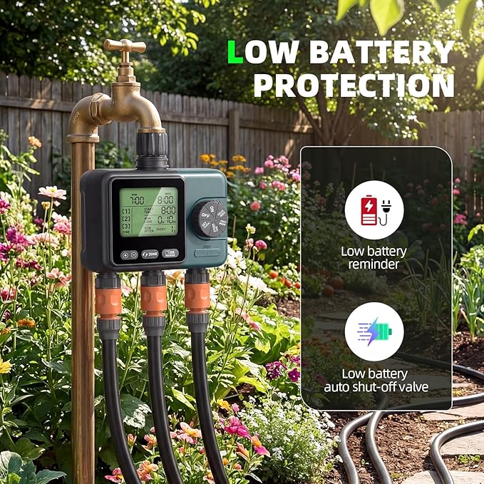 3 Zone Sprinkler Timer,3 Custom Watering Plans Hose Time, IP65 Waterproof, Rain Delay Manual & Automatic Watering with Large LCD for Yard Lawn Outdoor