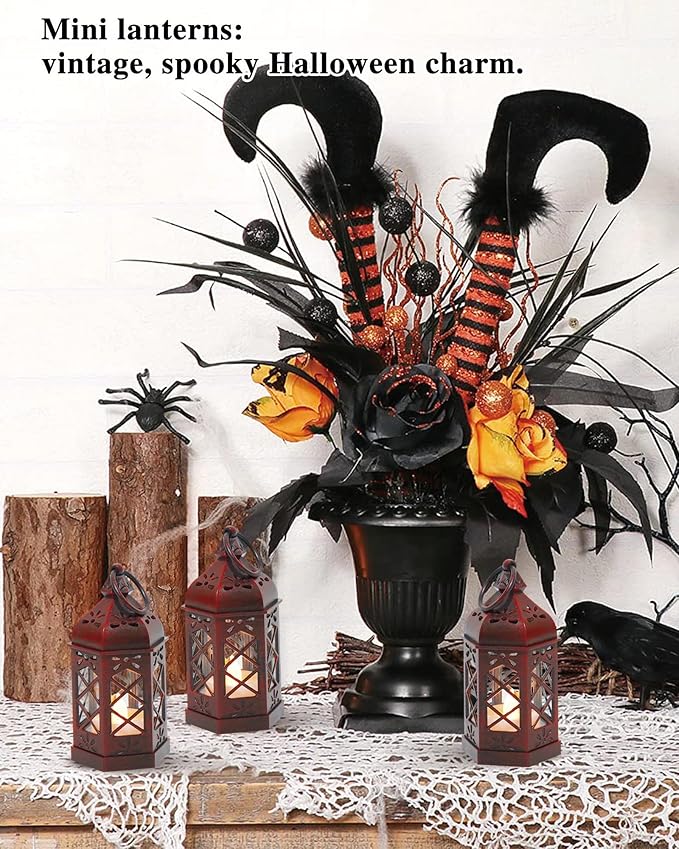 8-Pack Mini Lanterns for Ramadan, Wedding, Festivals, Small Decorative Lanterns with LED Candle for Baby Shower Party, Moroccan Lantern for Table Centerpiece, Medieval Decor, Red Brushed