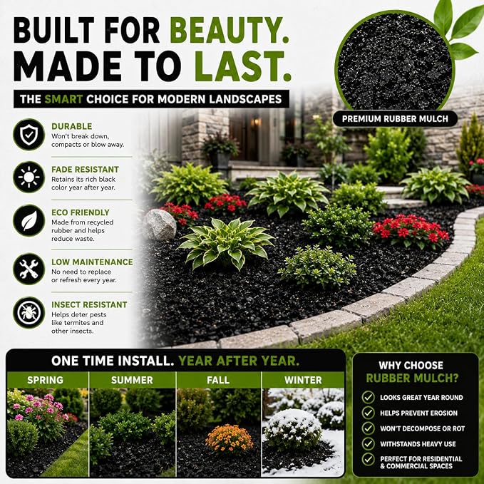 Premium Black Rubber Mulch 4 QT – Long Lasting Decorative Landscaping Ground Cover, Recycled Rubber Chips for Gardens, Flower Beds, Plants & Pathways, Fade Resistant Outdoor Mulch