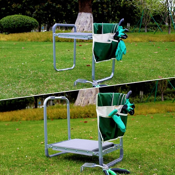 BDL Garden Cart Outdoor Rolling Garden Workseat with Wheels, Heavy Duty Garden Tool Cart with Extendable Handle and Storage for Seniors Yard Gardening Work