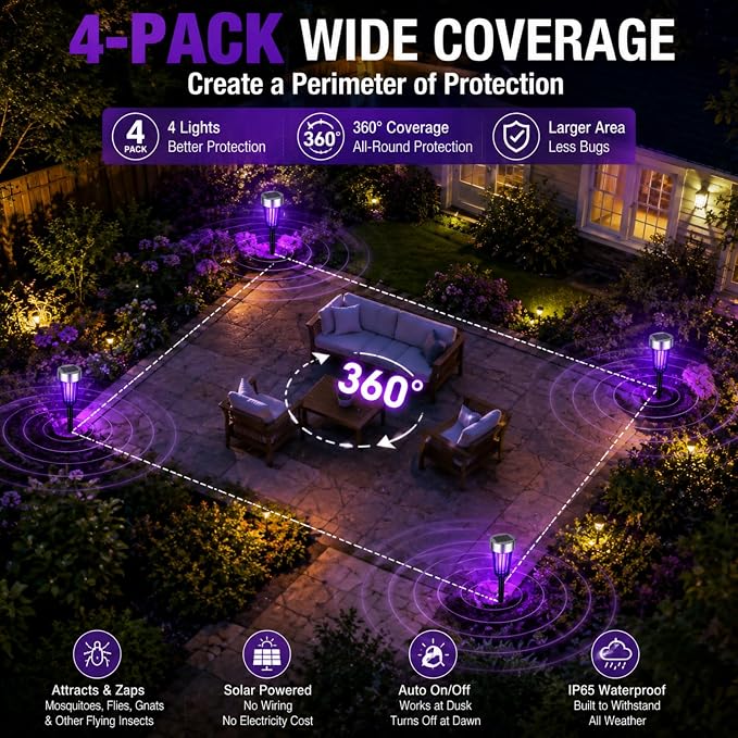 2026 Solar Bug Zapper Outdoor,4 Pack Mosquito Repellent Outdoor Patio IP65 Waterproof, Auto On/Off with Purple or White Light,Solar Powered Insect Zappers for Gnats Flies Bugs for Yard Garden Pathway