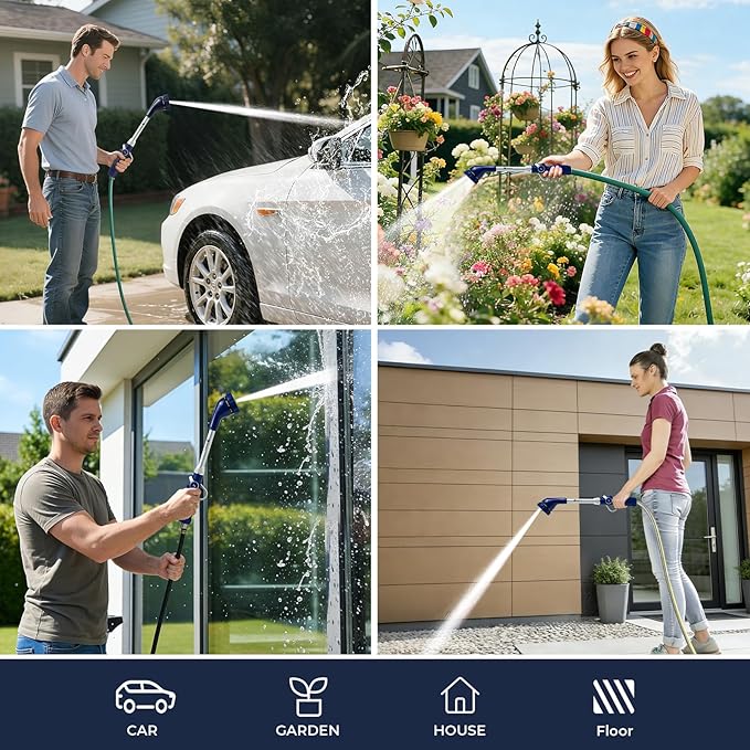 HugeDawn Garden Hose Wand, 16-Inch Heavy Duty Zinc Alloy & Aluminum Watering Wand with 8 Spray Patterns Thumb Control for Hanging Baskets, Garden, Cleaning (Blue)