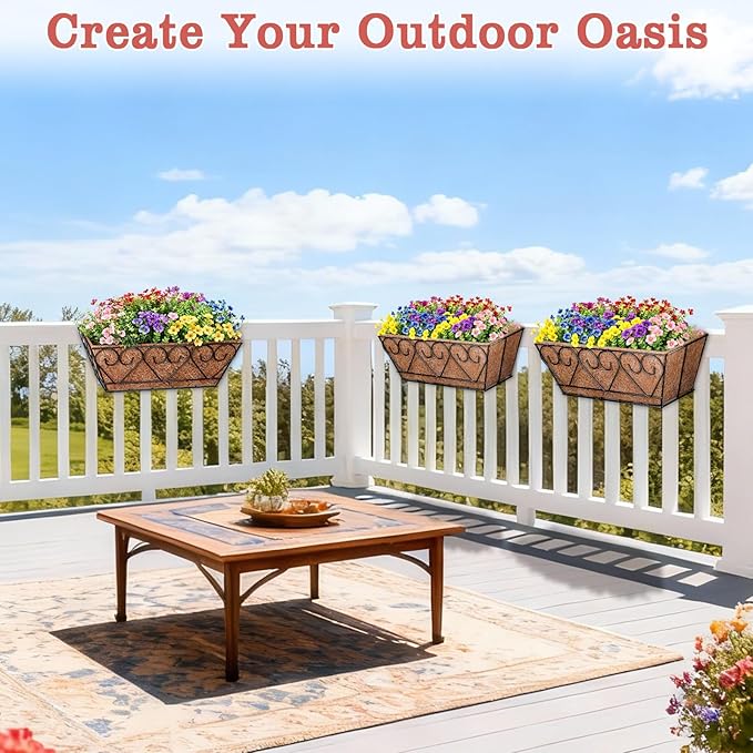 Halatool Railing Planter Box with Artificial Flowers, Metal Window Box with Coconut Liners & 12 PCS UV-Resistant Colorful Faux Flowers for Porch Patio Balcony Windowsill All Season Home Decor (16 in)