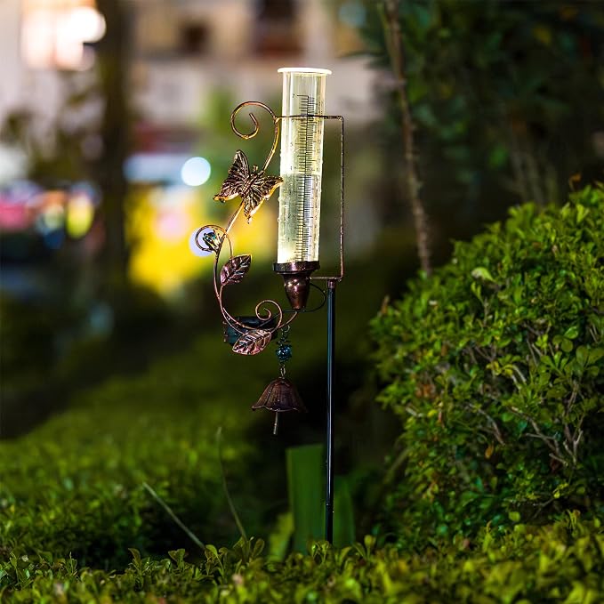 Rain Gauge Outdoor, Solar Rain Gauges with 7" Plastic Tube, Butterfly Metal Rain Gauge with Decorative Bell for Garden Yard Lawn Decor