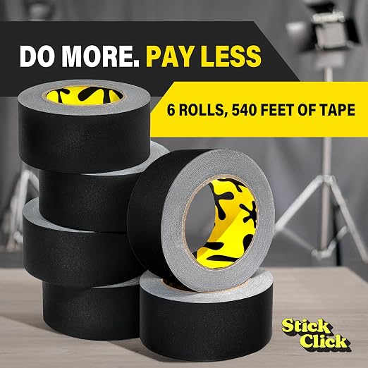 6-Pack Black Gaffers Tape - 2 inch x 30 Yards - Pro Water-Resistant Black Gaff Tape for Cables, Matte, Non-Reflective, Easy Tear by Hand, No Residue, Stage Marking, Photography, Audio, Video Setup