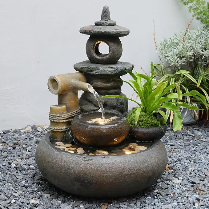 21" H Pagoda and Bamboo Outdoor&Indoor Outdoor Water Fountain, Natural Zen Decor Desian Outside Waterfall with LED Lights - Suitable for Garden/Patio/Yard/Deck/Balcony and Home Art Decor Resin