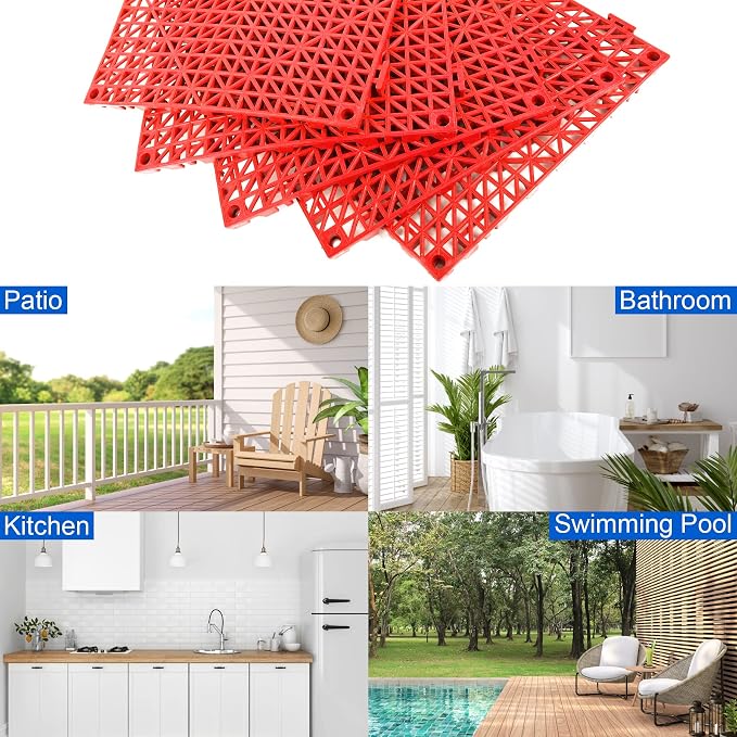 MYFAMIREA Modular Interlocking Cushion 12 Pack 11.8" x 11.8" Rubber Floor Tiles Non-Slip Splicing Drainage Mats for Deck, Pool, Outdoor Shower, Patio, Balcony, Indoor Bathroom, Kitchen, Yard (Red)