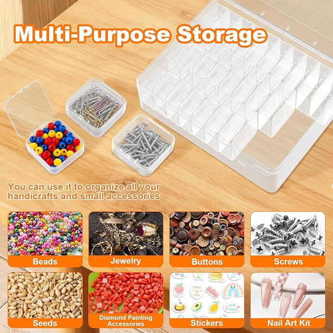 Bead Organizer Box, 30 Pcs Clear Plastic Storage Containers Features Hinged Lid and Labels, Craft Storage Box for Jewelry, Diamonds, Clay Beads, Bracelets, Screws, Seeds, Small Parts